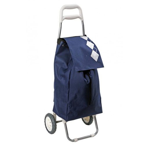 two wheeled shopping trolley with blue shopping bag