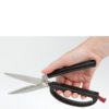 self opening scissors with large loop handle and red saftey locking tab to close