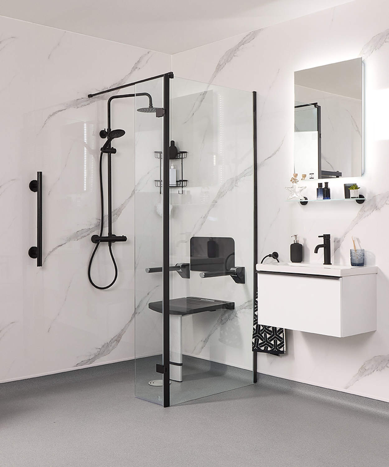 mono-wetroom-mobility Modern wetroom in black and white