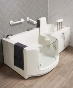 step in bath with curved glass door for easy access
