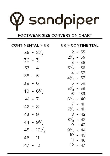 Sandpiper shoes size chart
