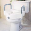 White toilet with raised toilet seat