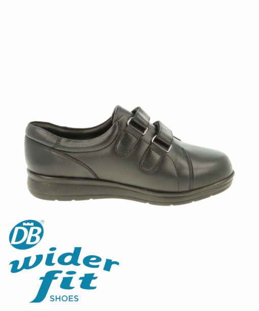 Norwich twin strap black leather ladies shoes by DB Wider fit