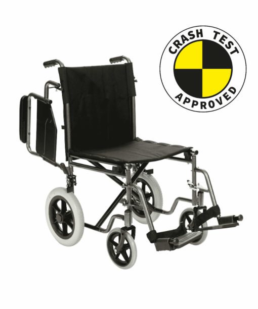 Crash test approved transit chair with drop down arms