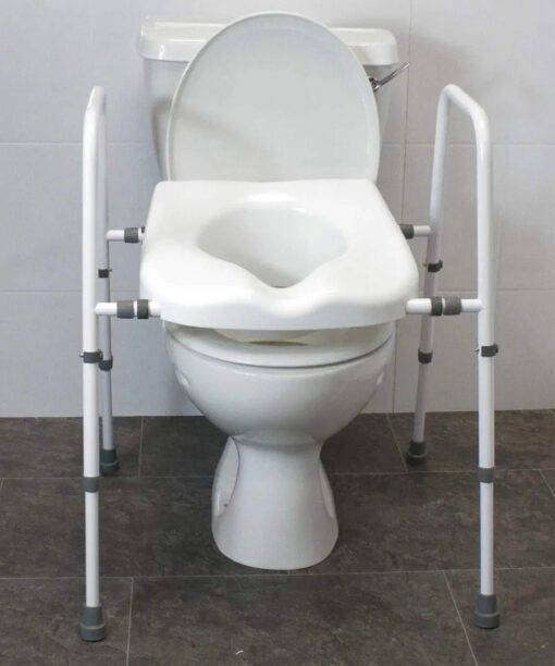 Width and height adjustable raised toilet seat and frame