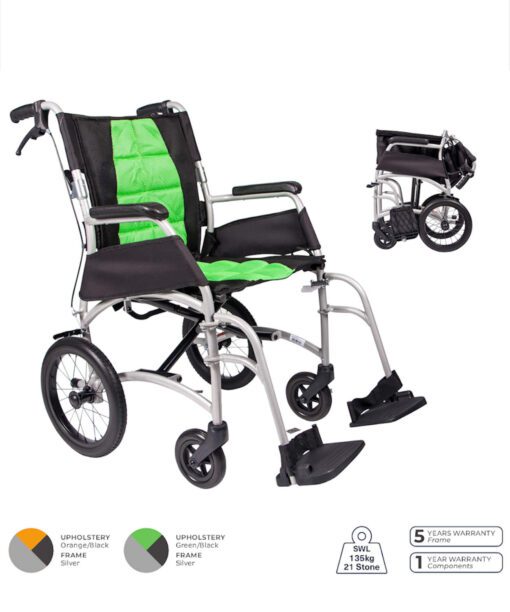 Aidacare Vida ultra lightweight folding transit chair in black with green