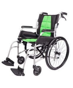 Aidacare Vida lightweight folding self-propel wheelchair in green and black.