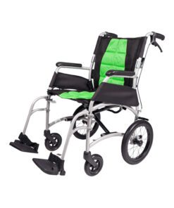 Aidacare Vida lightweight folding transit chair attendant push in green and black.