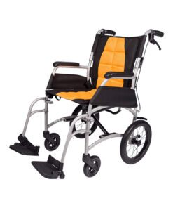 Aidacare Vida lightweight folding transit chair attendant push in orange and black.