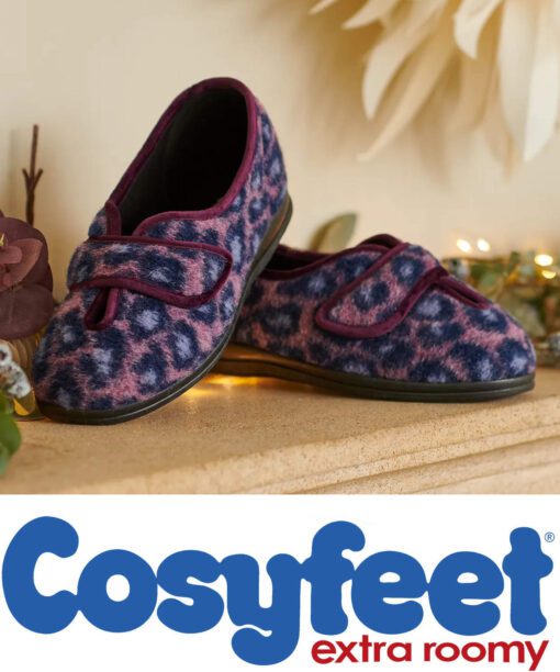 Cosyfeet Carol extraroomy ladies slippers in new purple leopard available in sizes 3-9