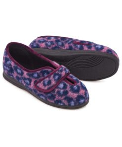 A pair of Cosyfeet Carol ladies slippers in purple leopard