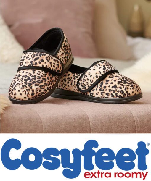 A pair of Leopard plush extra roomy ladies slippers by Cosyfeet