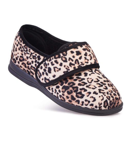 Cosyfeet Holly Leopard plush extra wide slippers for women