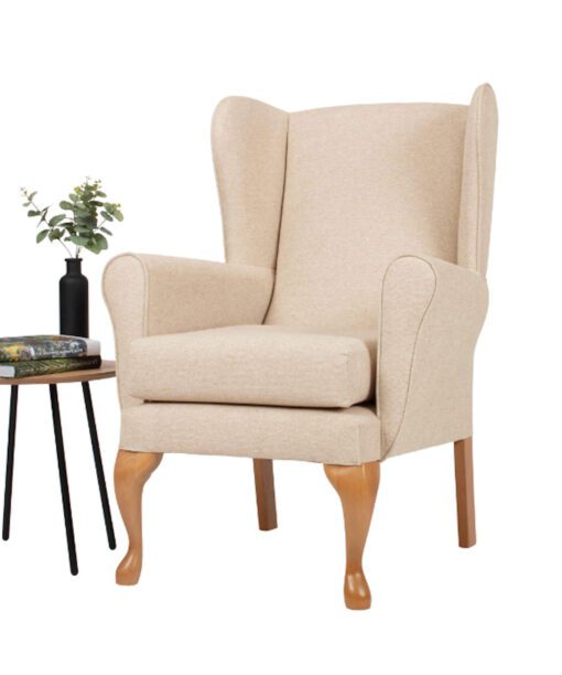 Queen Anne style high seat fireside chair in Almond