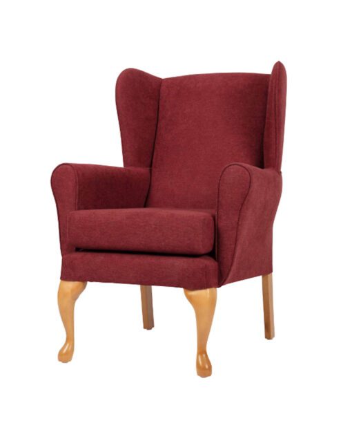 Queen Anne style high seat fireside chair in Cordovan Red
