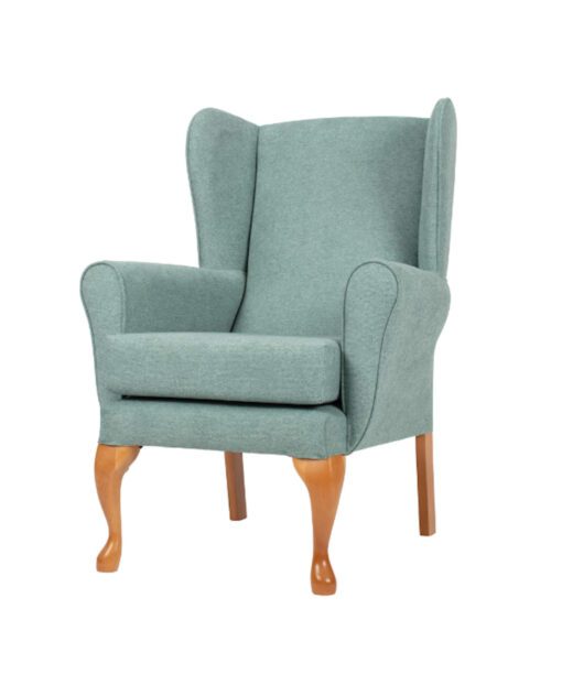 Queen Anne style high seat fireside chair in Duck Egg