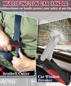 Car can handle with integral emergency seatbelt cutter and glass breaker