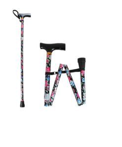 Black Floral adjustable folding walking stick