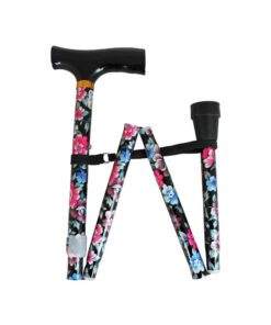 Black Floral height adjustable folding walking stick