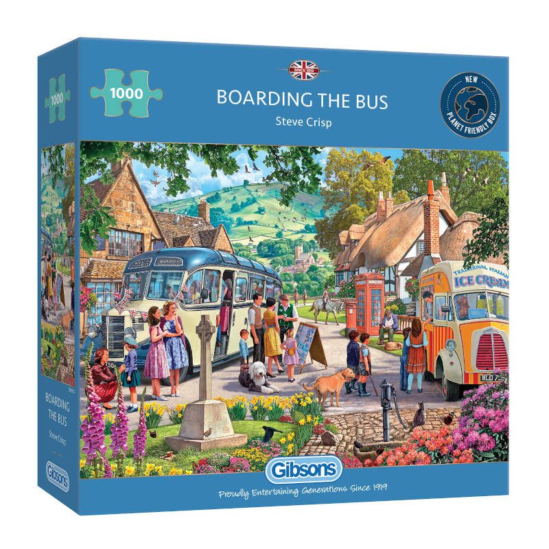 boarding-the-bus-gibsons-jigsaw-box Boarding the bus a Gibsons Games 100piece puzzle for all the family.
