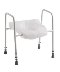 Height adjustable toilet frame with moulded toilet seat
